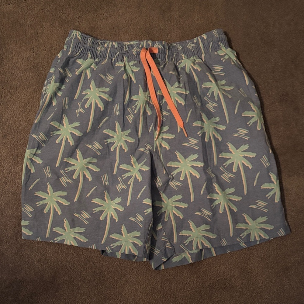 chubbies Palm Tree Swim Shorts - blue with Green Palms & Orange Drawstring